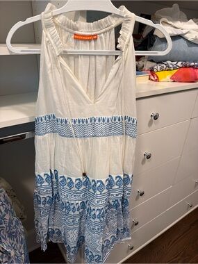 Oliphant M White Cotton Dress with Blue Print